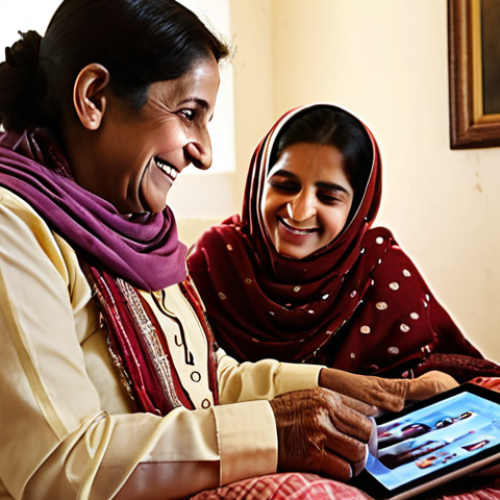 Home 15 **Image Prompt:** An elderly Pakistani woman smiles warmly while video chatting with her grandchildren on a tablet. She is comfortably seated in a well-lit room with traditional Pakistani décor. The scene conveys connection, joy, and ease of use of technology for staying in touch with family.