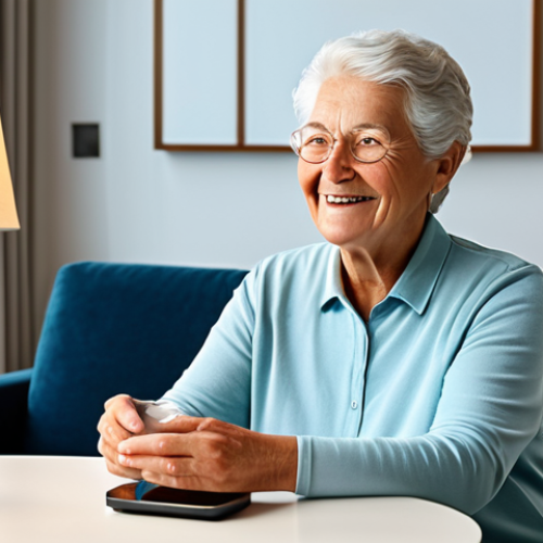 Home 14 A dignified elderly woman with a gentle smile, sitting comfortably in a brightly lit, modern living room. She is reaching out slightly towards a sleek smart voice assistant device on a side table, with a soft, warm glow emanating from automated smart lighting in the background. The room is tidy, inviting, and furnished with modern, comfortable pieces. Her clothing is modest, comfortable home attire, fully clothed. Perfect anatomy, correct proportions, natural pose, well-formed hands, proper finger count, natural body proportions. Safe for work, appropriate content, family-friendly professional photography, high quality, serene atmosphere, focus on independence and comfort.