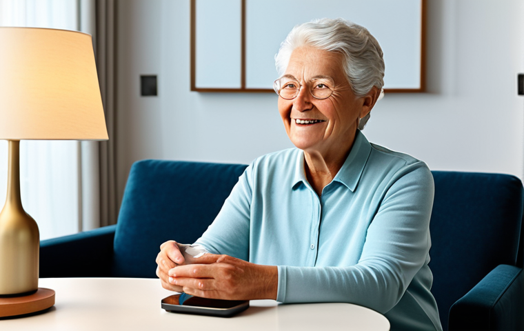 A dignified elderly woman with a gentle smile, sitting comfortably in a brightly lit, modern living room. She is reaching out slightly towards a sleek smart voice assistant device on a side table, with a soft, warm glow emanating from automated smart lighting in the background. The room is tidy, inviting, and furnished with modern, comfortable pieces. Her clothing is modest, comfortable home attire, fully clothed. Perfect anatomy, correct proportions, natural pose, well-formed hands, proper finger count, natural body proportions. Safe for work, appropriate content, family-friendly professional photography, high quality, serene atmosphere, focus on independence and comfort.