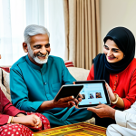 **

"A group of fully clothed, smiling elderly Urdu-speaking friends are gathered around a tablet, learning how to video call their family. They are in a bright, cheerful living room with traditional Urdu-style décor.  Safe for work, appropriate content, family-friendly scene, perfect anatomy, well-formed hands, natural proportions, professional, modest clothing,  high quality, natural lighting, educational atmosphere."

**