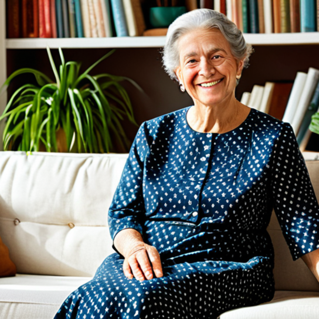 ** A professional portrait of a senior woman with a warm smile, wearing a modest, floral print dress. She is sitting in a sunlit living room filled with books and plants, fully clothed, appropriate attire, safe for work, perfect anatomy, natural proportions, family-friendly, high resolution.
**