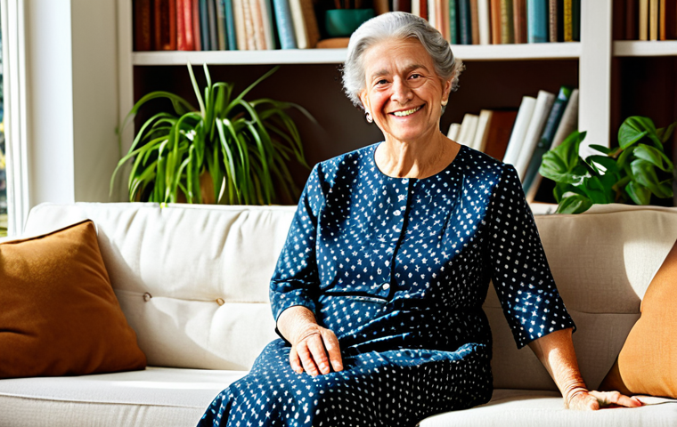 ** A professional portrait of a senior woman with a warm smile, wearing a modest, floral print dress. She is sitting in a sunlit living room filled with books and plants, fully clothed, appropriate attire, safe for work, perfect anatomy, natural proportions, family-friendly, high resolution.
**