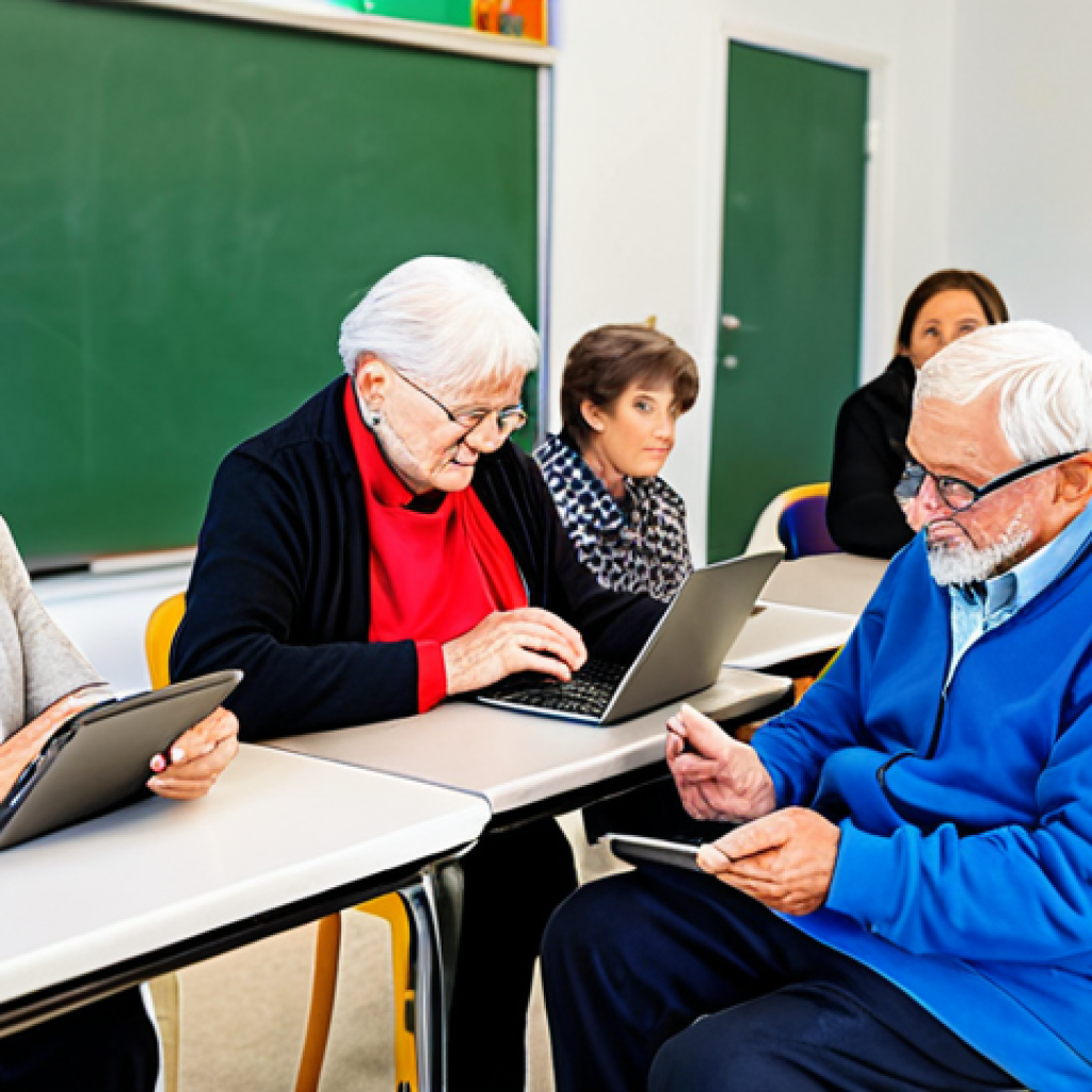 **
"A diverse group of fully clothed senior citizens in a brightly lit community center classroom, learning how to use tablets and laptops. An instructor in modest attire is patiently demonstrating a function. Safe for work, appropriate content, professional setting, perfect anatomy, correct proportions, natural pose, well-formed hands, proper finger count, family-friendly, high quality."
**