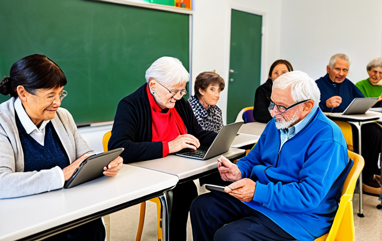 **
"A diverse group of fully clothed senior citizens in a brightly lit community center classroom, learning how to use tablets and laptops. An instructor in modest attire is patiently demonstrating a function. Safe for work, appropriate content, professional setting, perfect anatomy, correct proportions, natural pose, well-formed hands, proper finger count, family-friendly, high quality."
**