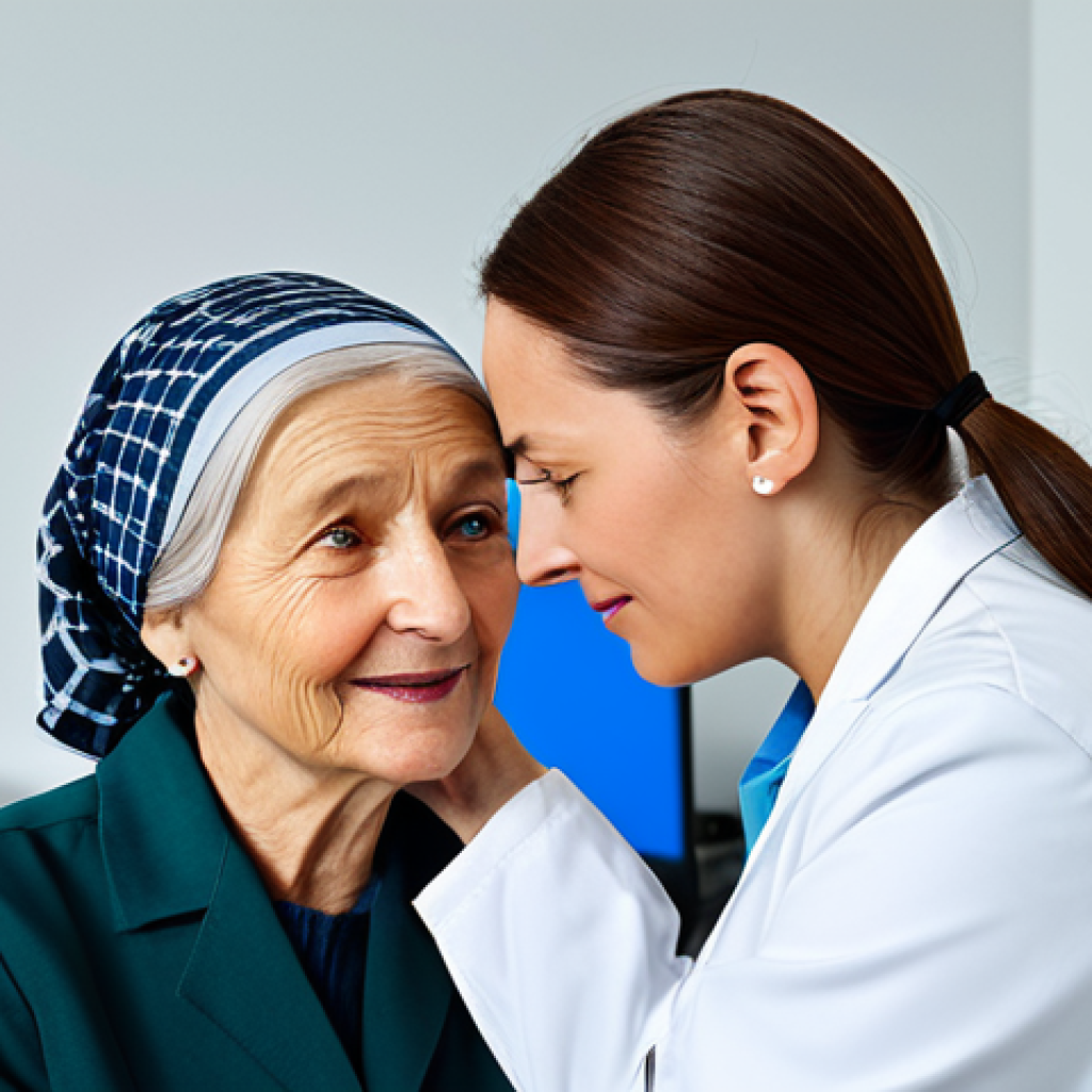 Audiologist Consultation**
"A professional audiologist, fully clothed in a clinic setting, examining a patient's ear. The patient is an older woman wearing a modest headscarf. The scene is well-lit, showcasing the technology used for hearing tests. Safe for work, appropriate content, professional, perfect anatomy, natural proportions, family-friendly."
**