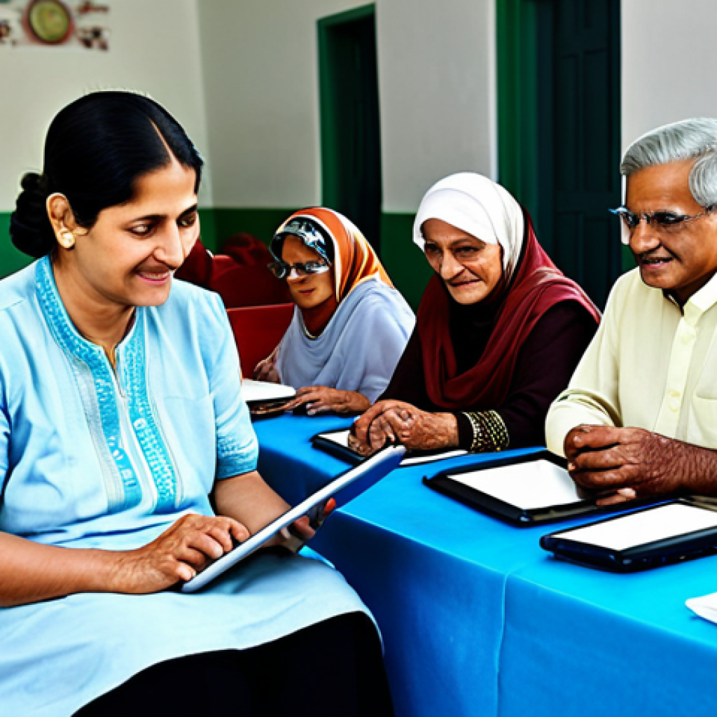 노인을 위한 테크 기반 사회적 지원 방안 - "A fully clothed elderly woman in modest Pakistani dress learning to use a tablet computer, sitting ...