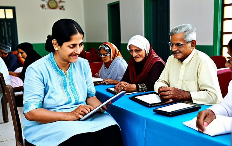 노인을 위한 테크 기반 사회적 지원 방안 - "A fully clothed elderly woman in modest Pakistani dress learning to use a tablet computer, sitting ...