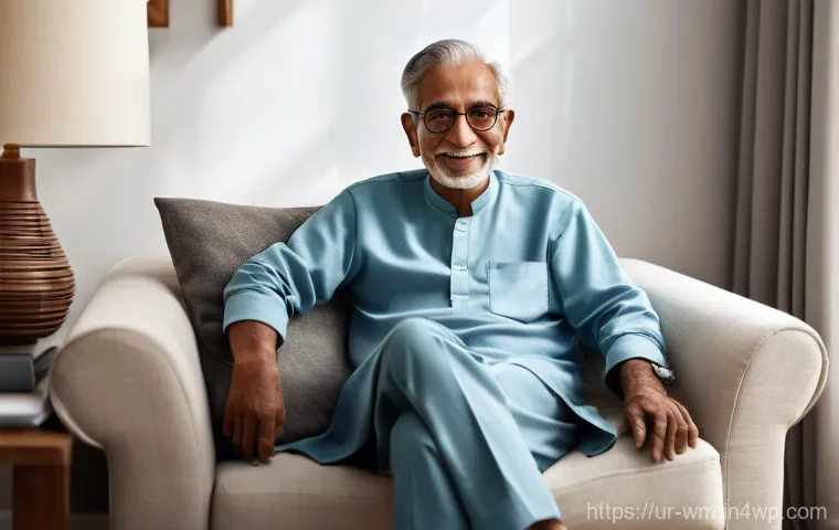 실버테크의 발전이 노인 복지에 미치는 영향 - **"Caring with Smart Health"**
    A serene elderly Pakistani woman, approximately 70-75 years old, ...