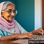 Home 21 고령자를 위한 AR 기술의 활용 사례 - An elderly South Asian woman wearing traditional modest clothing and light shawl, sitting comfortabl...
