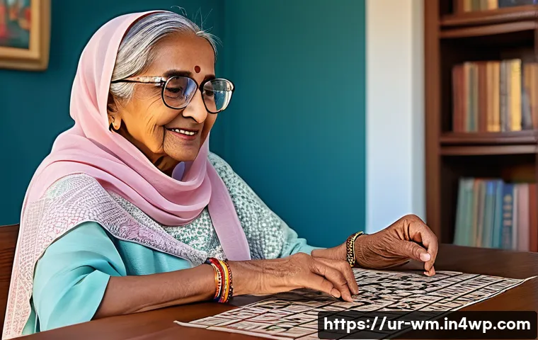 고령자를 위한 AR 기술의 활용 사례 - An elderly South Asian woman wearing traditional modest clothing and light shawl, sitting comfortabl...