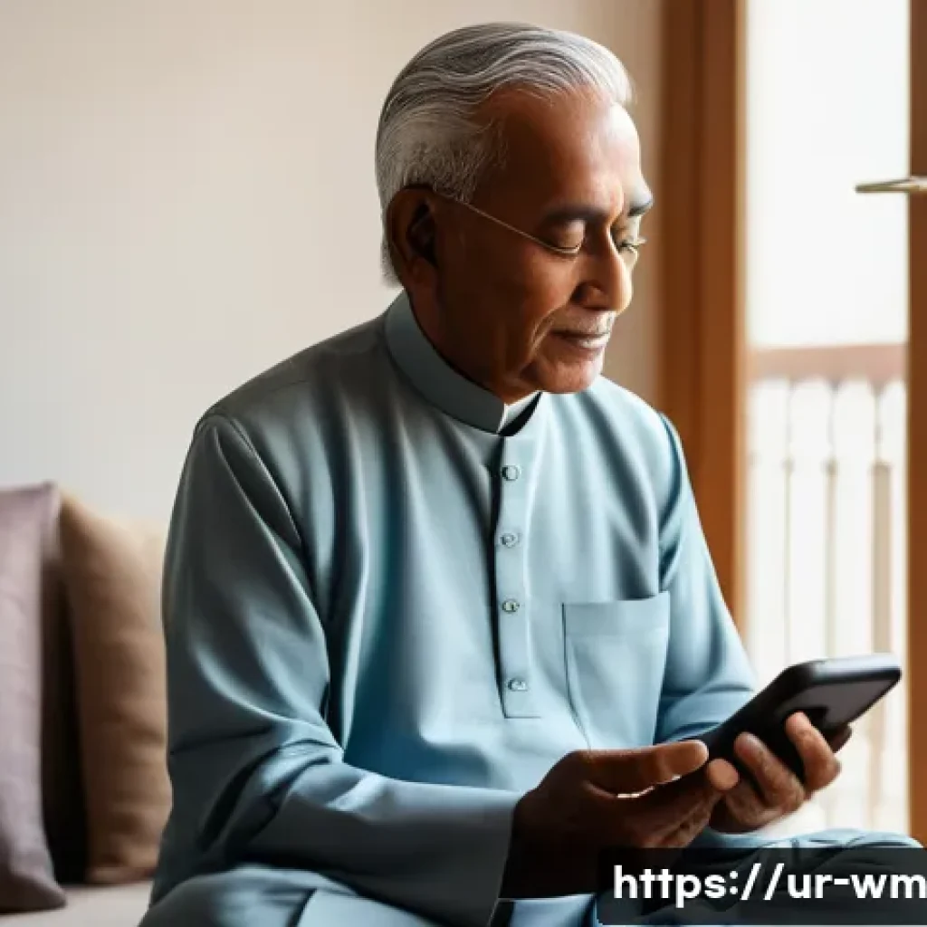 노인 우울증 예방을 위한 테크 솔루션 - An elderly South Asian man sitting comfortably in a modern living room, using a smartphone with a mi...
