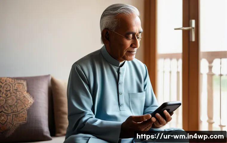 노인 우울증 예방을 위한 테크 솔루션 - An elderly South Asian man sitting comfortably in a modern living room, using a smartphone with a mi...