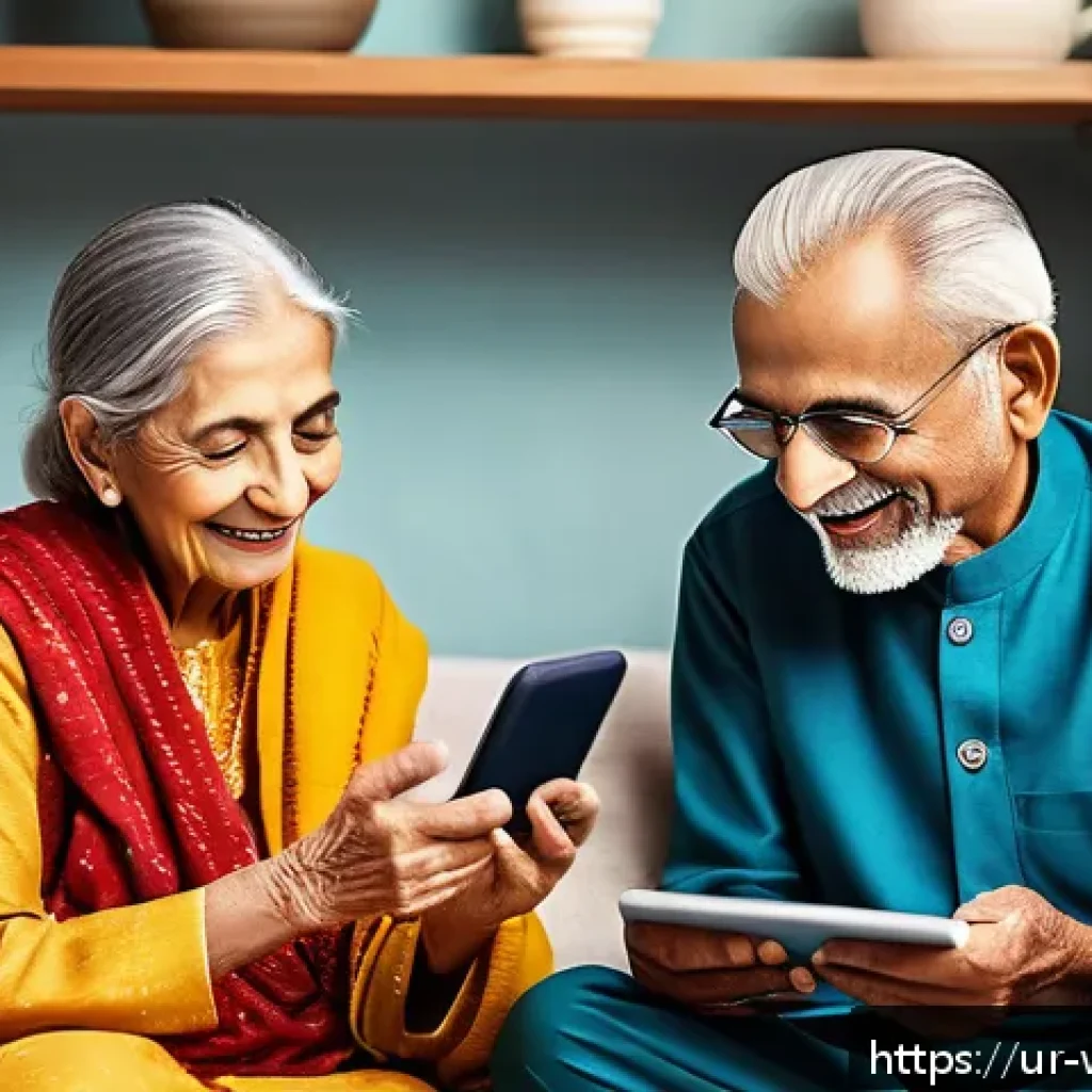 고령자를 위한 온라인 쇼핑 플랫폼의 발전 - A warm and inviting scene depicting elderly Pakistani individuals comfortably using a tablet and sma...