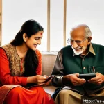 Home 23 고령자와 IT 기술 간의 괴리 해소 방안 - A warm and cozy indoor scene showing an elderly South Asian man and a young South Asian woman sittin...