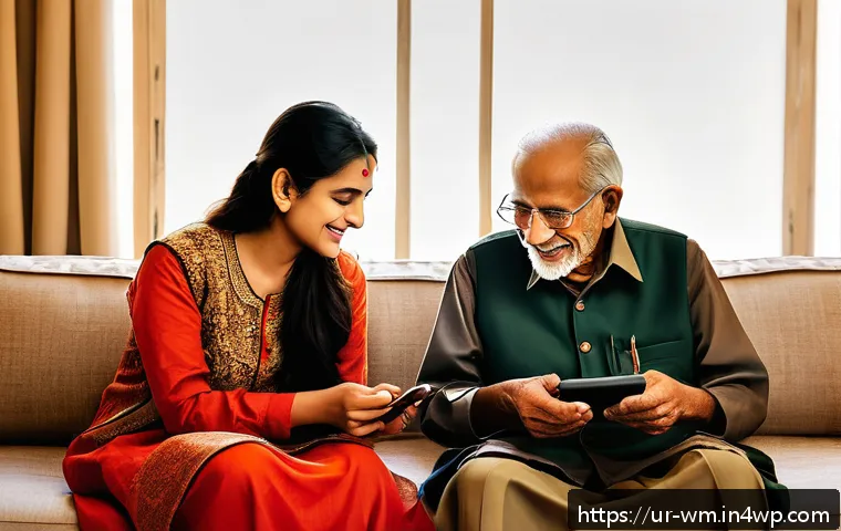 고령자와 IT 기술 간의 괴리 해소 방안 - A warm and cozy indoor scene showing an elderly South Asian man and a young South Asian woman sittin...