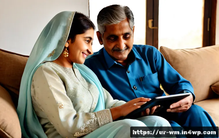 Home 17 실버세대의 정신 건강을 위한 디지털 솔루션 - Photorealistic warm home scene in Pakistan, a relaxed elderly Urdu-speaking couple seated together o...